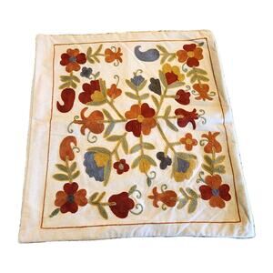 Pottery Barn Isabella Crewel Embroidered Floral Pillow Cover 20x20" Orange blue